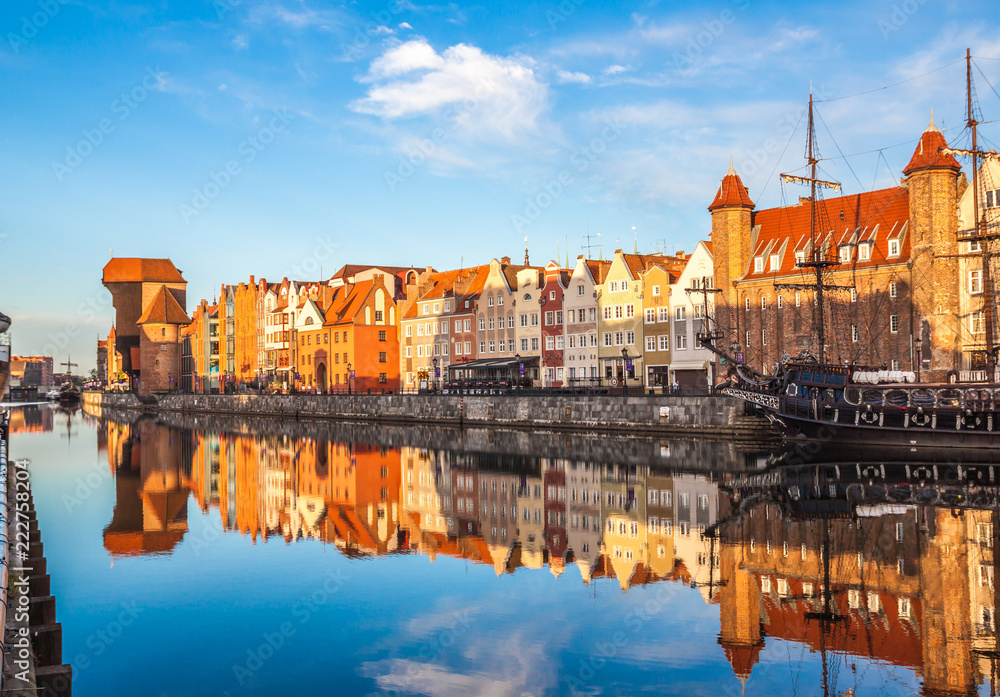 Gdansk old town and famous crane at amazing sunrise. Gdansk. Poland