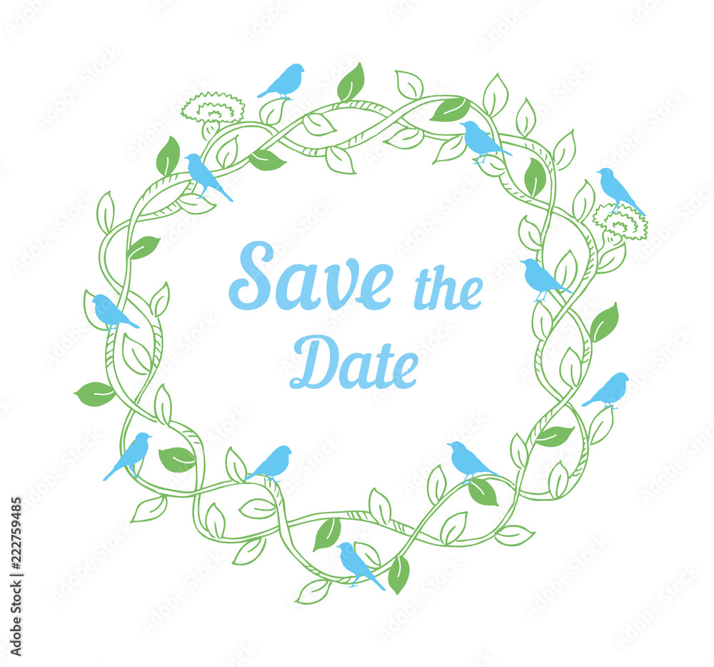 Save the date wedding design template with floral ornament and birds