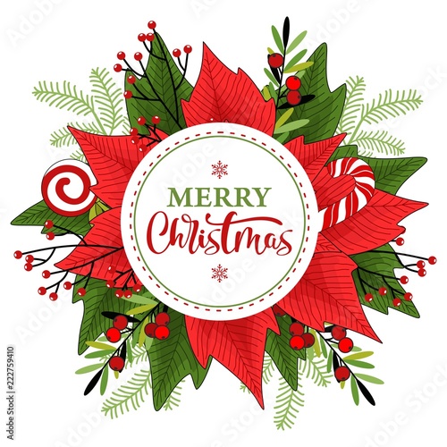 Merry Christmas hand drawn lettering. Christmas card with wreath. Vector illustration.