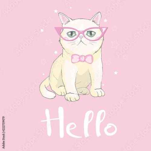 Cute cat vector design.Children illustration for School books and more.Meow slogan. Animal print.