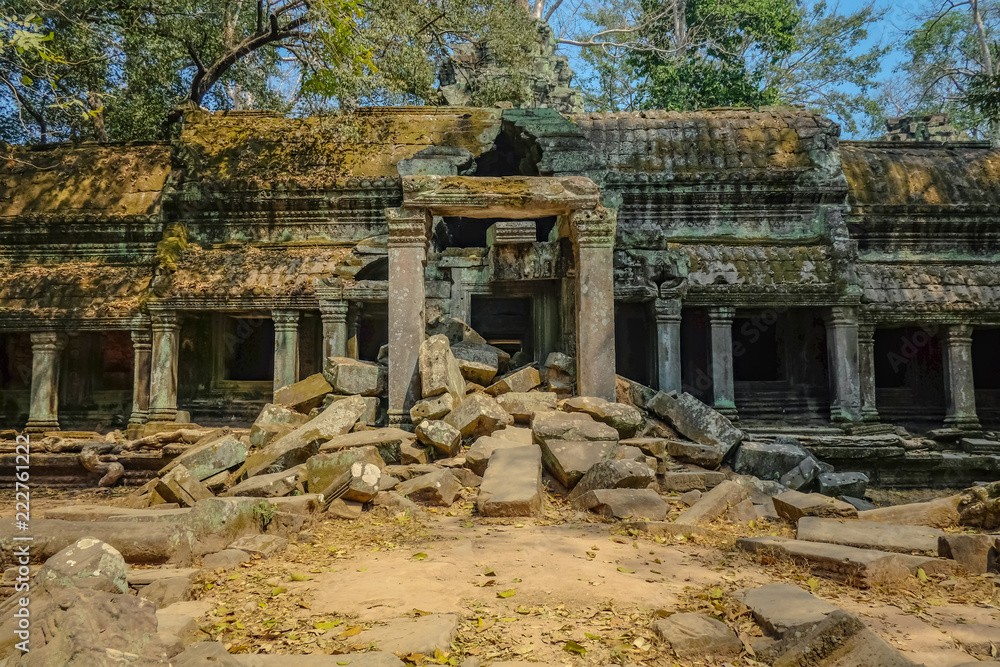 Broken ruin in ta prohm temple area in siem reap cambodia