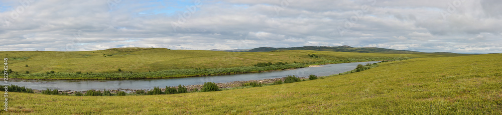Panorama of the Northern river in the tundra. Panorama of the Northern river in the tundra.