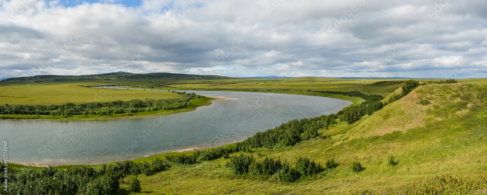 Panorama of the Northern river in the tundra.