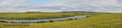 Panorama of the Northern river in the tundra.