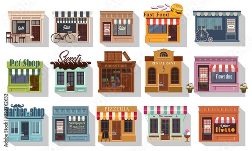 Set of pretty shops. Illustration of set of cute little shops and restaurants or boutiques. Cafe bistro and little shops. Big icon set on flat style