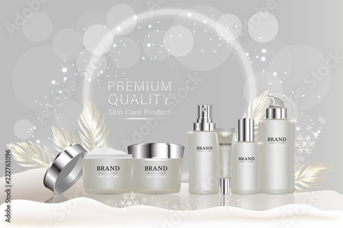 Beauty product, white cosmetic containers with advertising background ready to use, holiday concept skin care ad, illustration vector.	