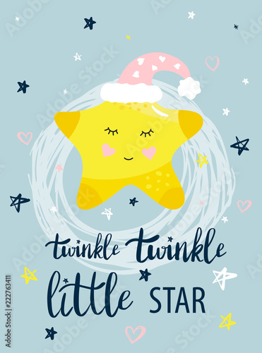 Vector template night cards with Little star and phrases with lettering
