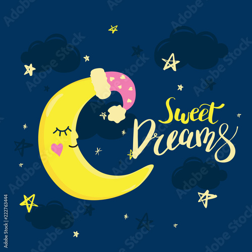 Vector template night cards with cute cartoon characters and phrases with lettering