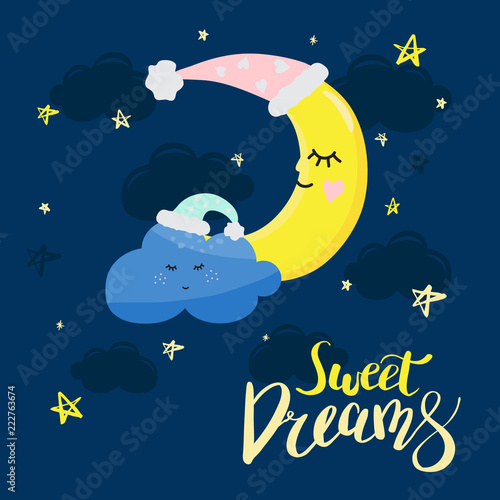 Vector template night cards with cute cartoon characters and phrases with lettering