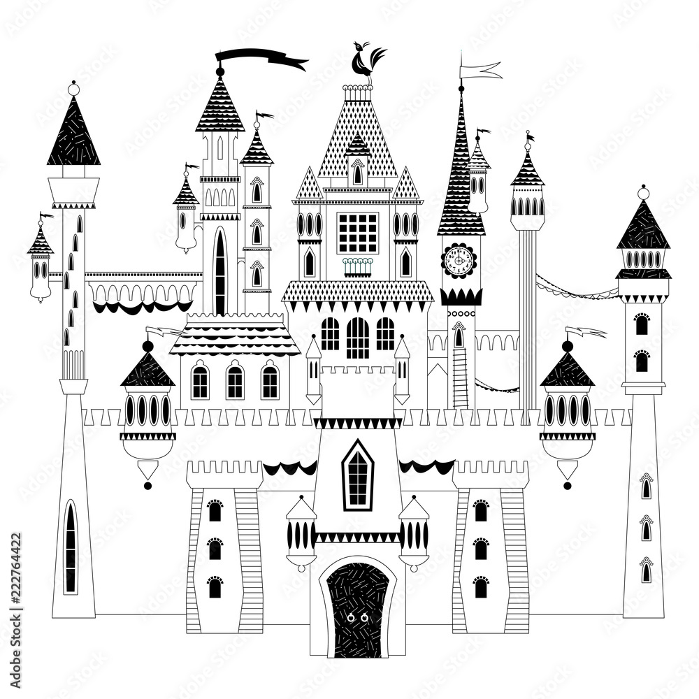Fairytale medieval castle and fortress. The princess castle. Wonderland. Black and white.