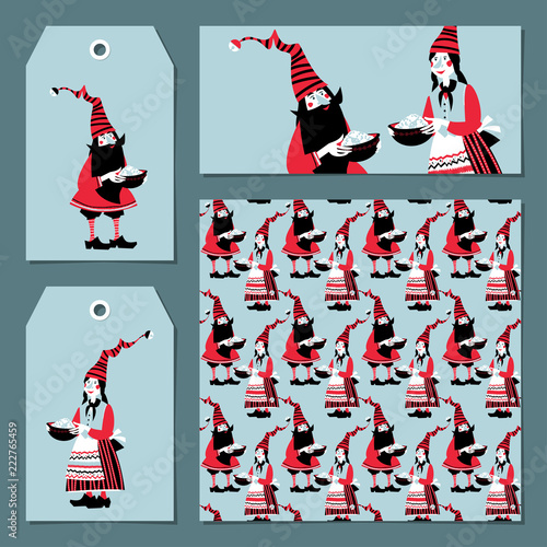 Scandinavian Christmas set: labels, postcard, bookmark, insert. Template. Gnome gives a pot of Christmas rice porridge to his girlfriend.