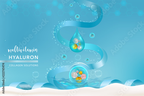 Blue Collagen Serum drop, cosmetic advertising background ready to use, holiday concept luxury skin care ad, vector illustration.