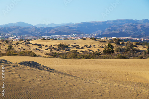 Desert sand dunes with a city in the background
