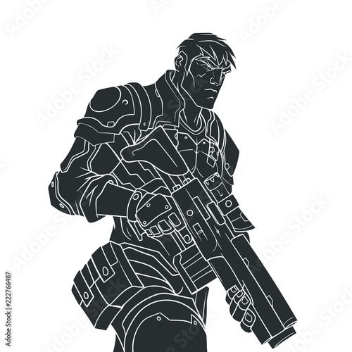 Black contour drawing of a powerful policeman on a white background