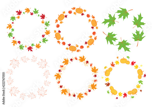 vector round autumn frames with maple leaves and pumpkins and apples