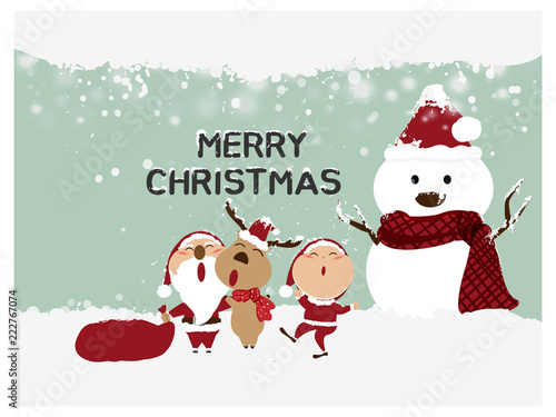 Merry Christmas and Happy New Year,Santa Claus,Snowman,Reindeer with little kids happy greeting card