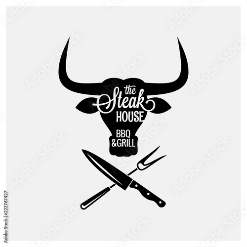 steakhouse, bbq and grill logo with bull head on white background