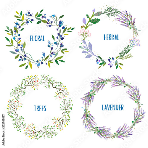 Wreath set with flowers, herbs, lavendes, tree branches. Vector graphic illustration