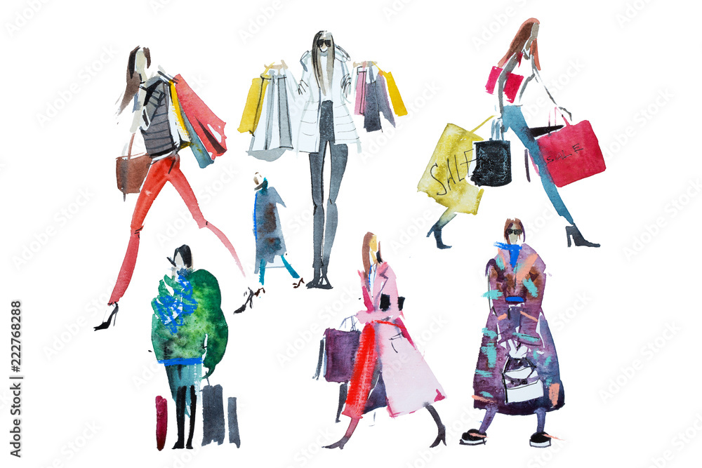 Hand drawn watercolor people with shopping bags. Fashion, sale