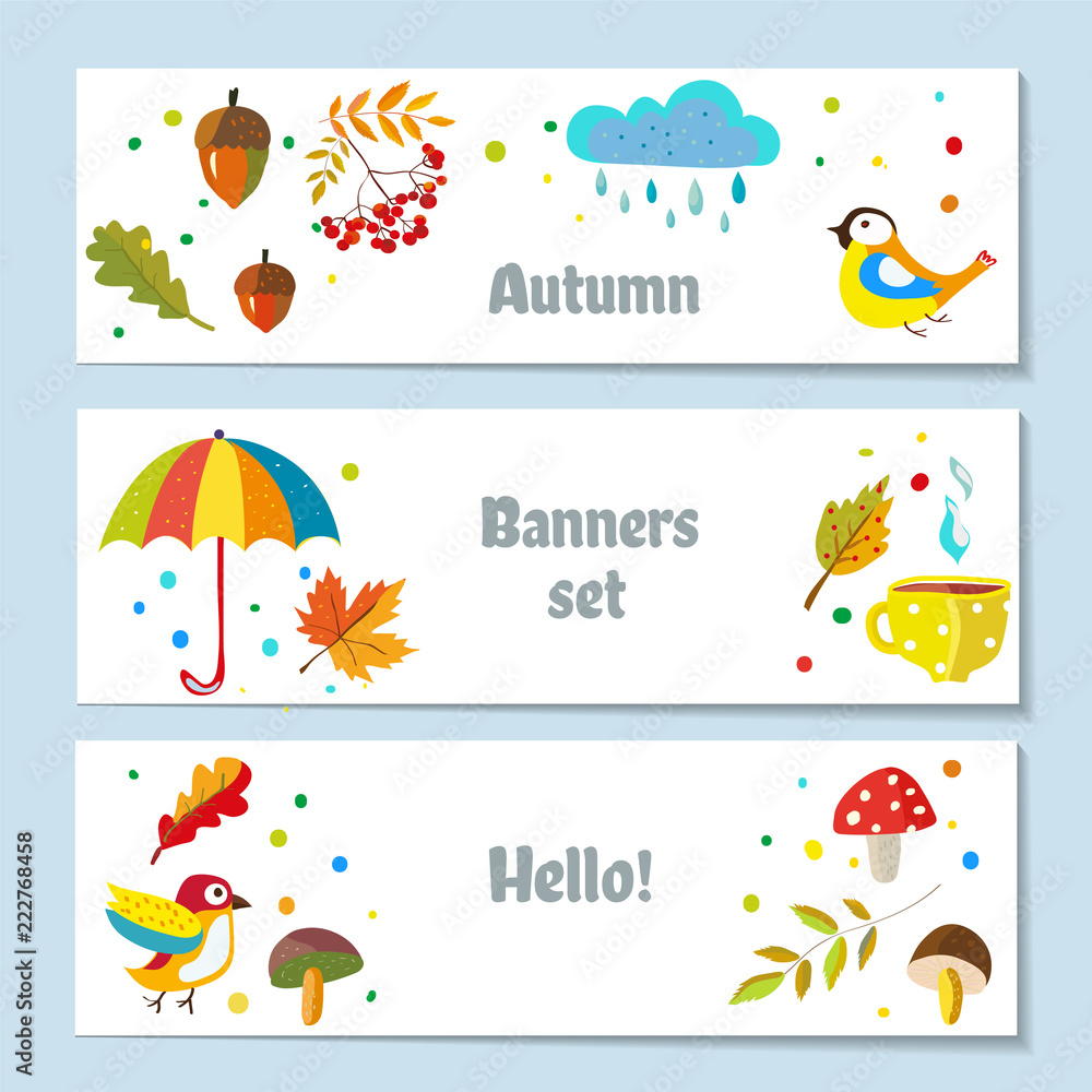 Autumn banners set with nature elements, cute design. Vector graphic illustration
