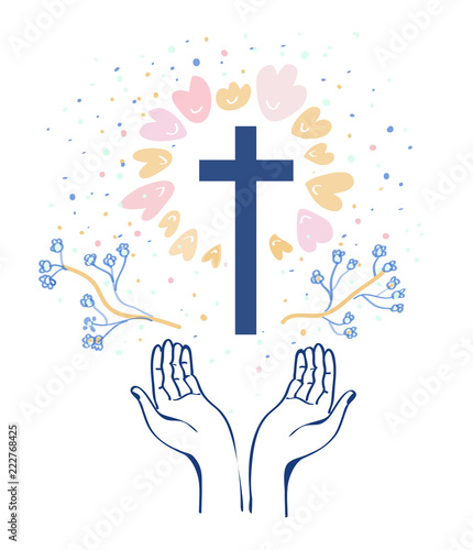 Christianity religion background with hands or prayer and cross, flowers around. Vector graphic illustration