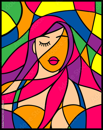 Dramatic portrait attractive girl with styling violet hair in stained glass style