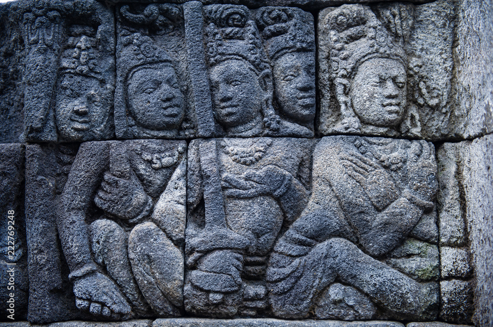 Stone-wall relief of Borobudur Temple, Yogyakarta, Indonesia 3 Stone-wall relief of Borobudur Temple, Yogyakarta, Indonesia 3