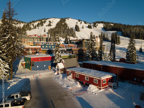 Aerial photo of skiing resort an sunrise photo