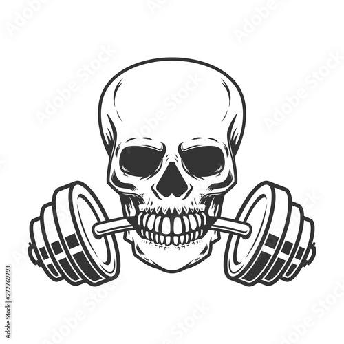 Skull with barbell in teeth. Design element for gym logo, label, emblem, sign, poster, t shirt.