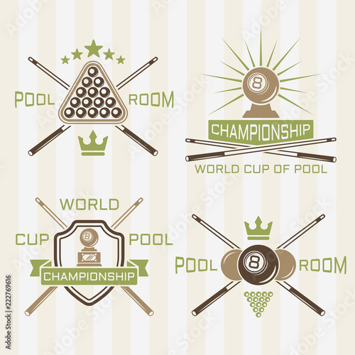 Pool room or billiards club vector colored labels
