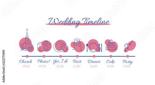 Wedding timeline infographics. Vector illustration with icons on wedding theme isolated on white background.
