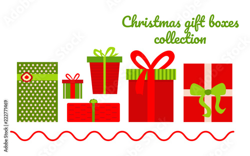 Set of colorful Christmas gift boxes with bows and ribbons isolated on white background. Vector illustration with elements and icons.