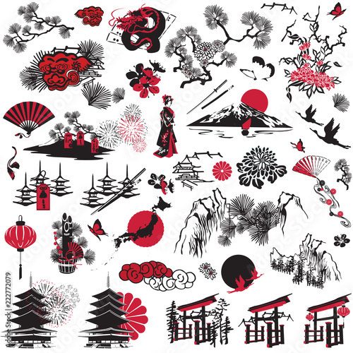 Miniatures symbolizing Japan. Set of symbols on a white background.