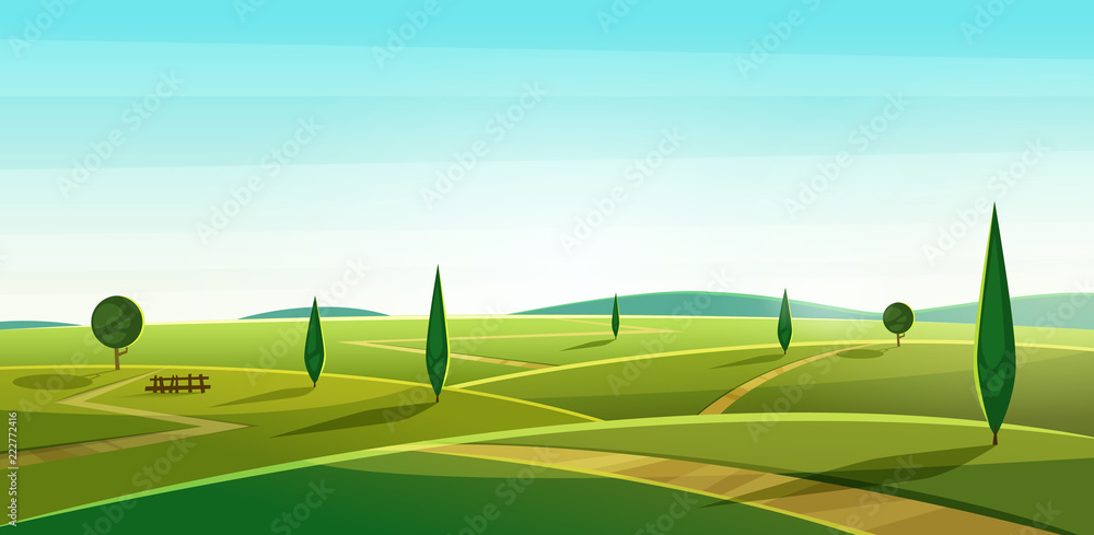 Road on the hills. Summer landscape. Rural valley view. Beautiful green fields with and meadow, mountains and blue sky 