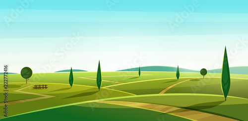Road on the hills. Summer landscape. Rural valley view. Beautiful green fields with and meadow, mountains and blue sky 