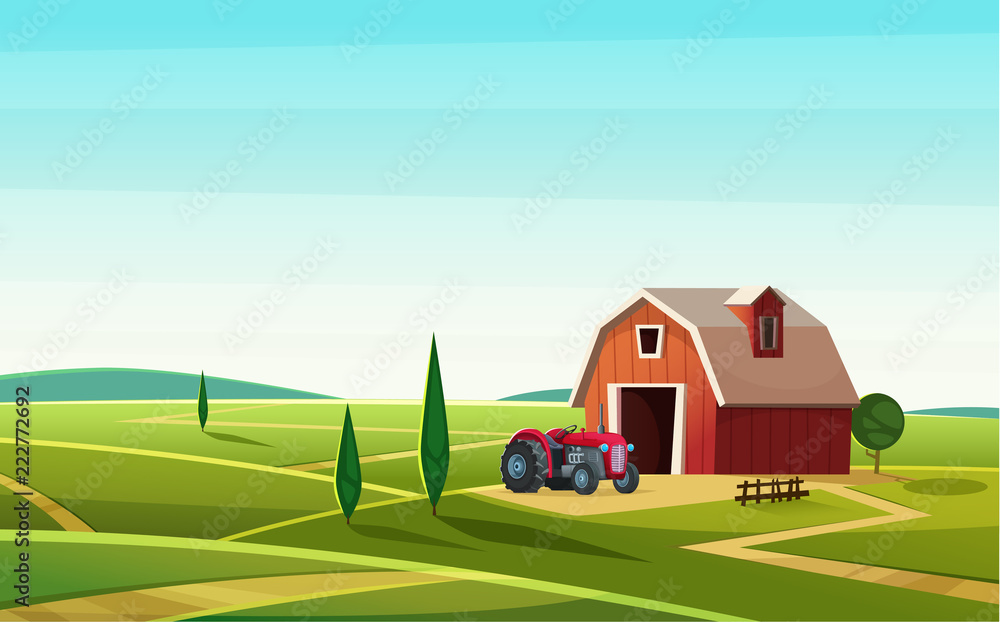 Colorful countryside landscape with a barn and tractor on the hill. Rural location. Cartoon modern vector illustration
