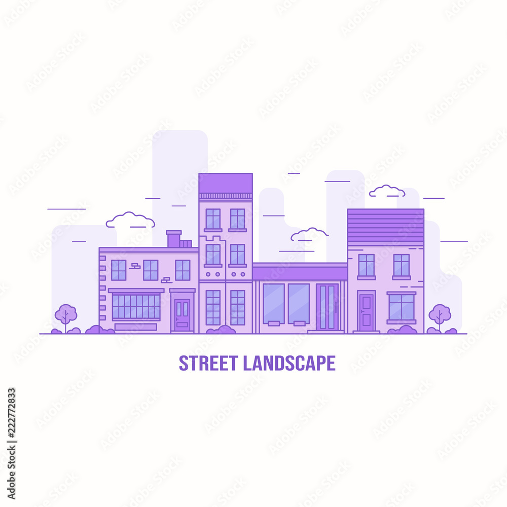 Street landscape illustration in violet color with different houses and trees. Vector background.