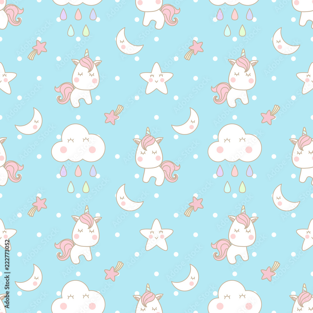Fototapeta Cute little unicorn decorated with cloud, moon and star seamless pattern on light blue background with polka dot.