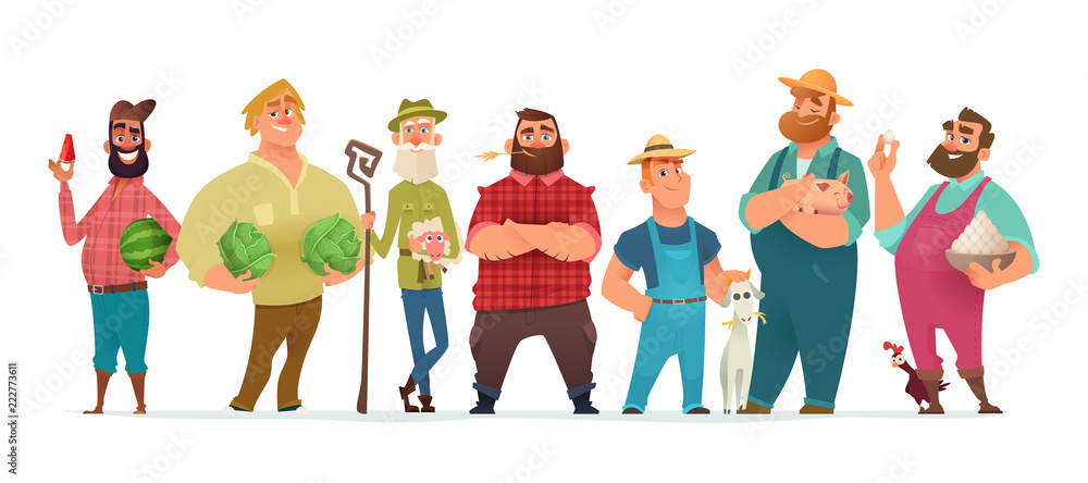 Collection of farm character design. Happy and healthy farmers set