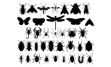 Set of 37 insects (flying, crawling, dangerous, harmless, pests, bloodsucking, fly, butterflies, scorpions, spiders, beetles) Vector black silhouettes