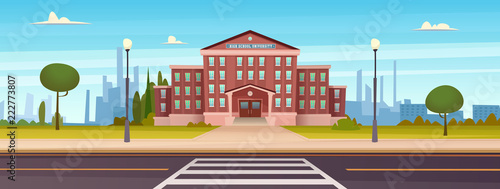 School landscape with a road and a pedestrian crossing