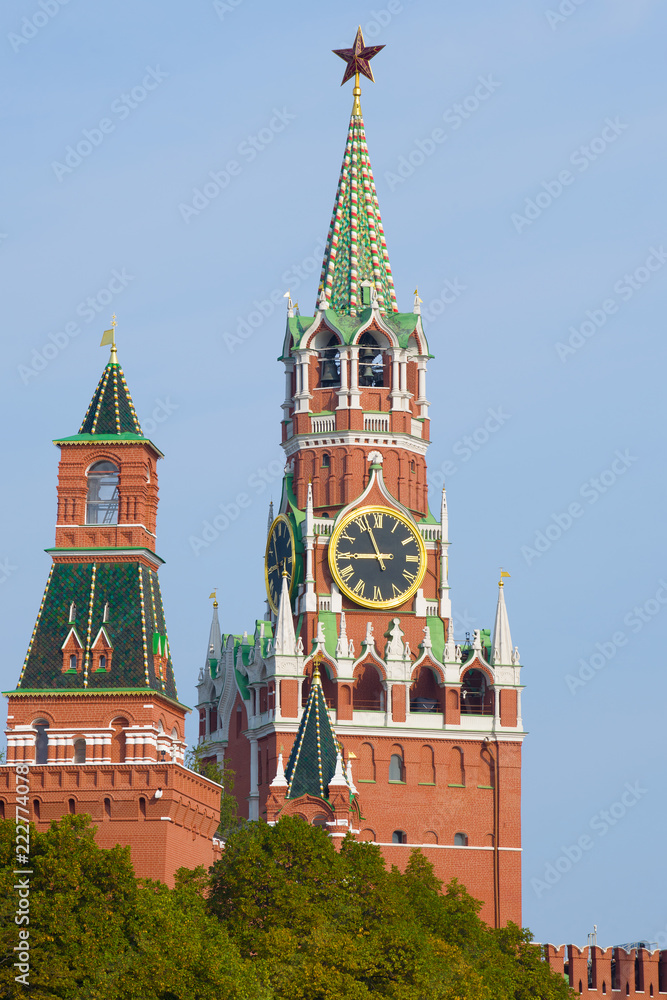 View of Spasskaya Tower of the Moscow Kremlin in the sunny September afternoon. Moscow, Russia