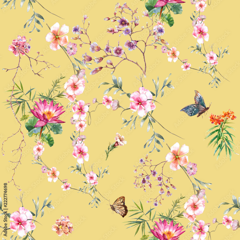 Fototapeta premium Watercolor painting of leaf and flowers, seamless pattern