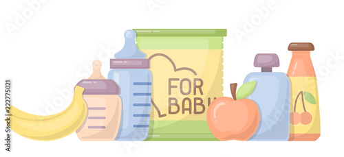 Baby food card with meal elements and baby bottles. Flat style vector illustration. Suitable for advertising