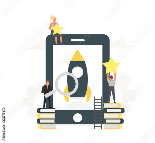 Rocket launch to the sky from the large phone up to the stars with small office people around it. Businessmen start their own new mobile app. Startup concept and internet learning.