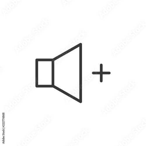 Volume increase icon. Vector thin line speaker with a plus sign for higher sound volume control.