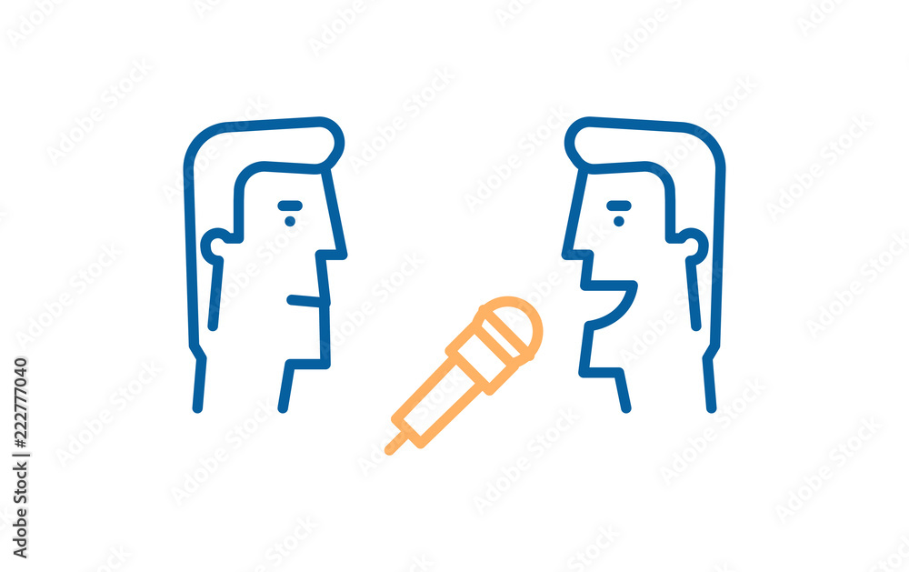 Journalist interviewing another man with a mic. Vector thin line icon illustration for interviews, journalism, politics, television, press conference, reportages and other media communication subjects Journalist interviewing another man with a mic. Vector thin line icon illustration for interviews, journalism, politics, television, press conference, reportages and other media communication subjects