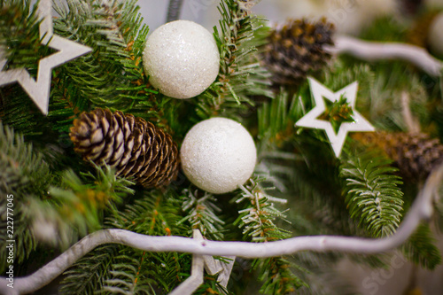 Abstract unfocused background with Christmas decorations.