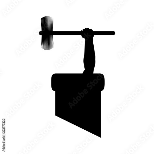 Silhouette chimney sweep in pipe with tools, got to work and got stuck. Vector illustration for designers