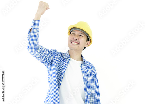 Business man engineer employee with blue scott shirt has feeling successful and victory isolated on white background.